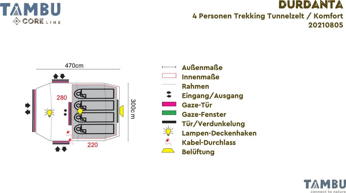 Tambu Durdanta Trekking Tunnelzelt, 4 Personen, 470x300x145cm, Braun – Bild 6