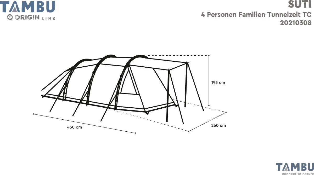 Tambu Suti Familien Tunnelzelt TC, 4 Personen, 450x260x195cm, Grau/blau – Bild 9
